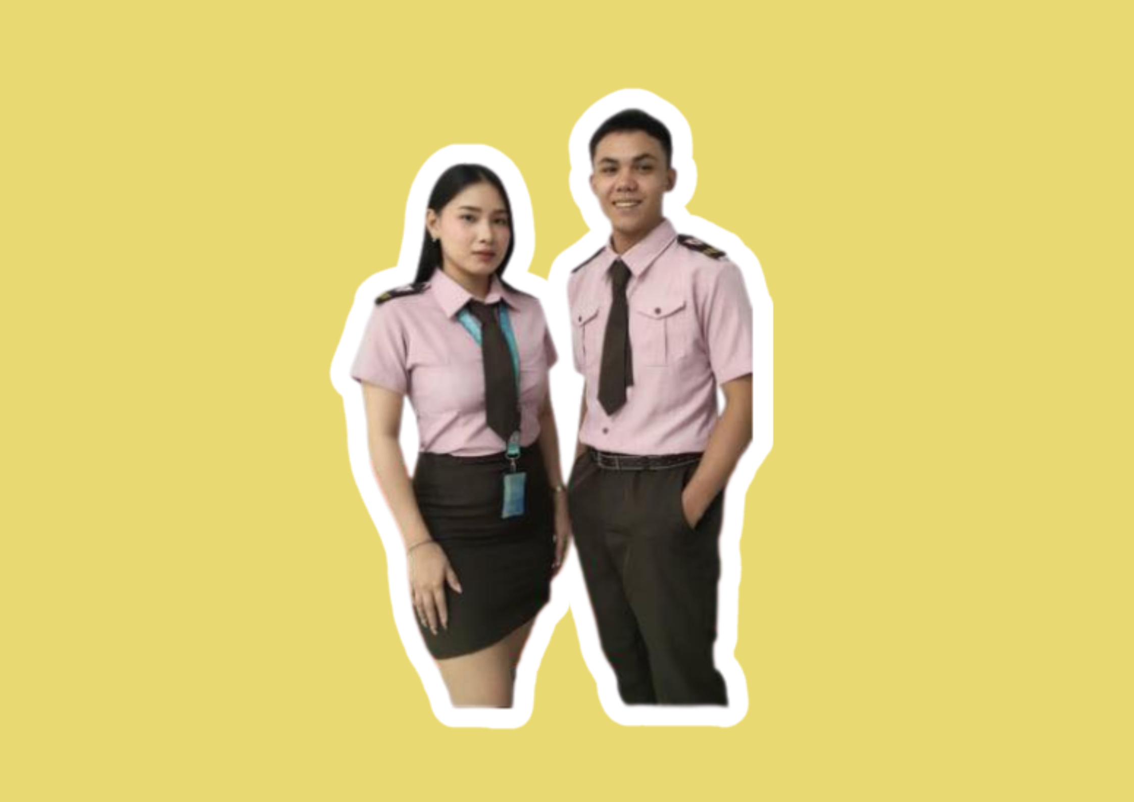 Two people in smart uniforms on a yellow background
