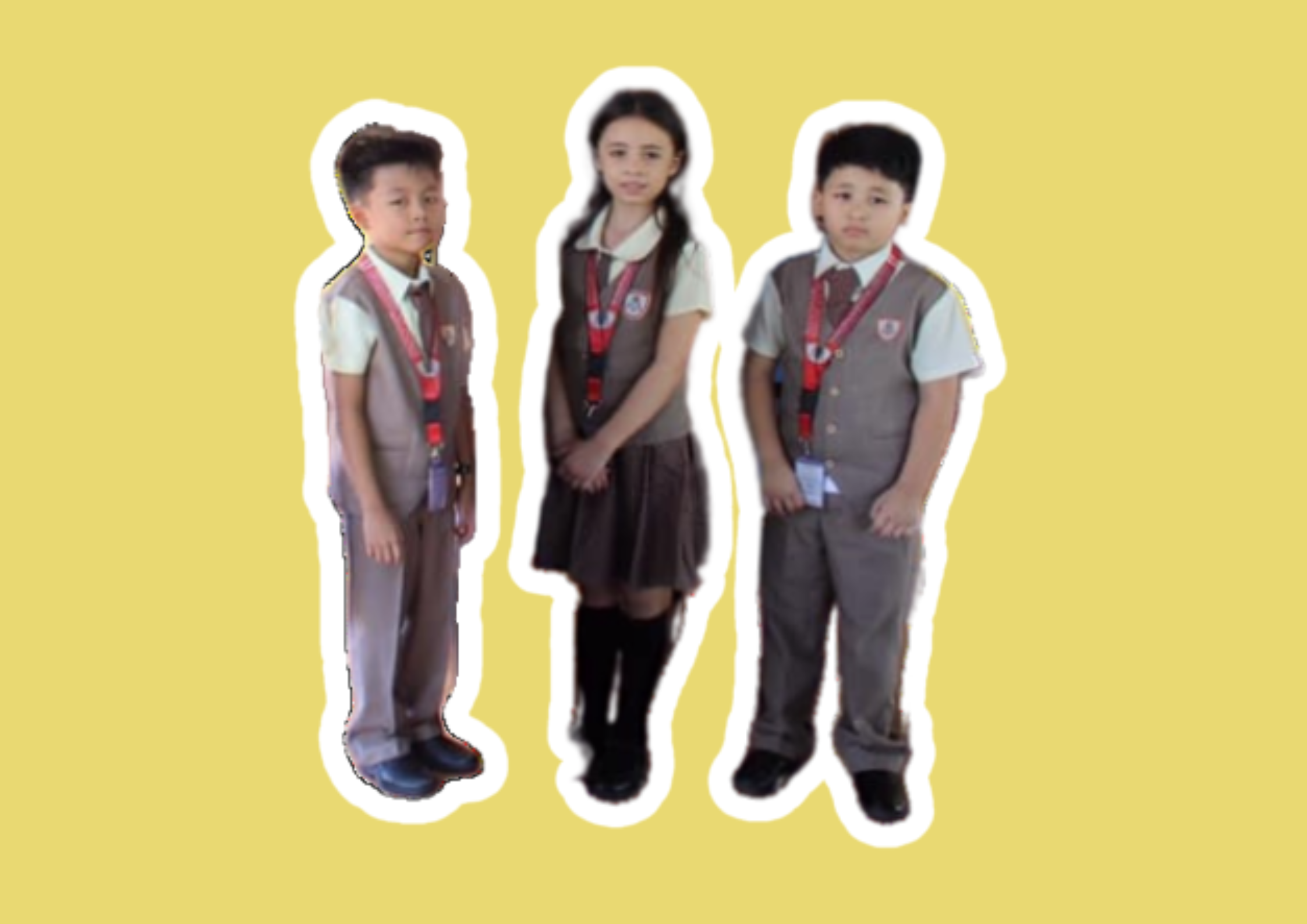 Three students in school uniforms on a yellow background