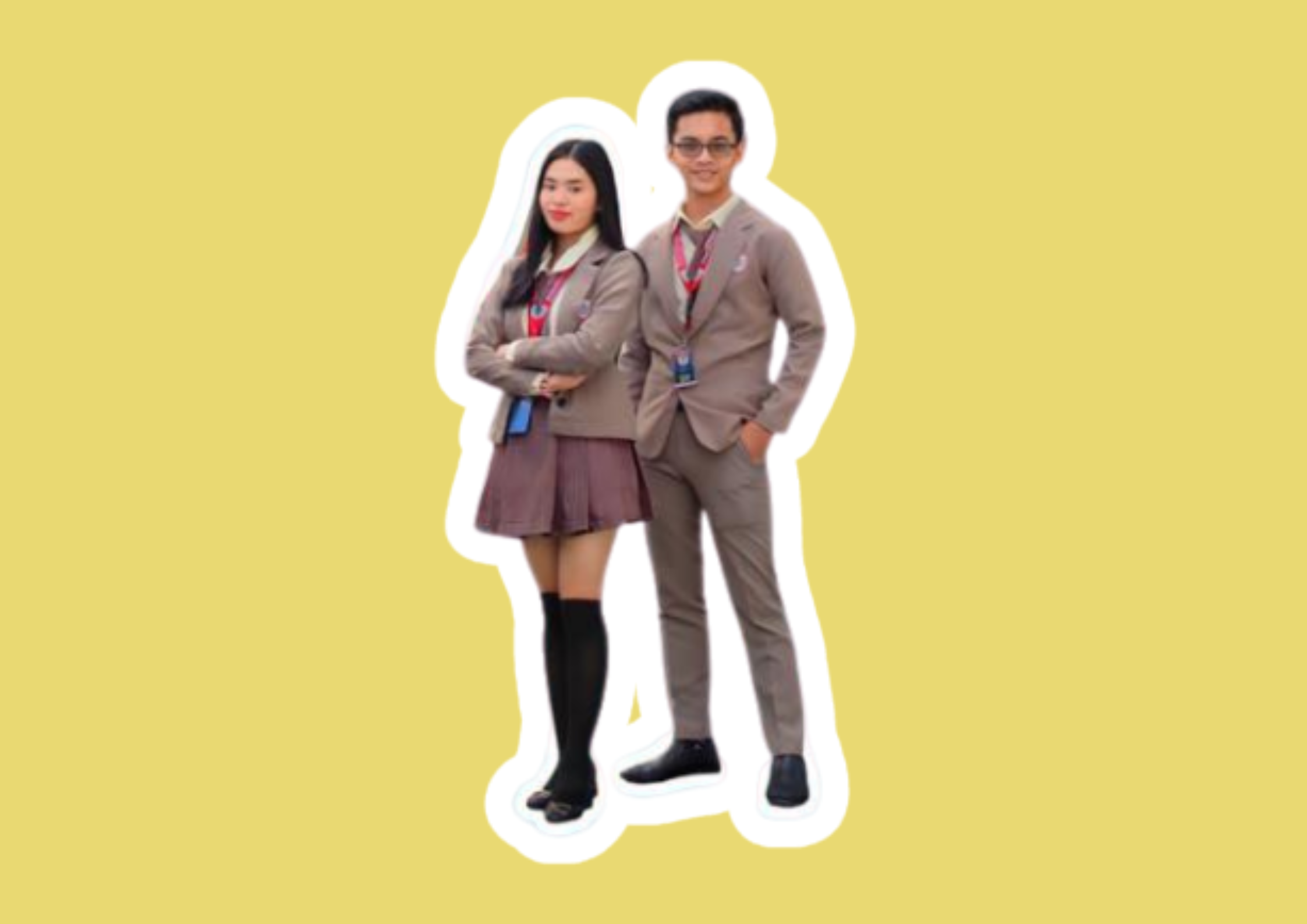 Students in beige uniforms with yellow background